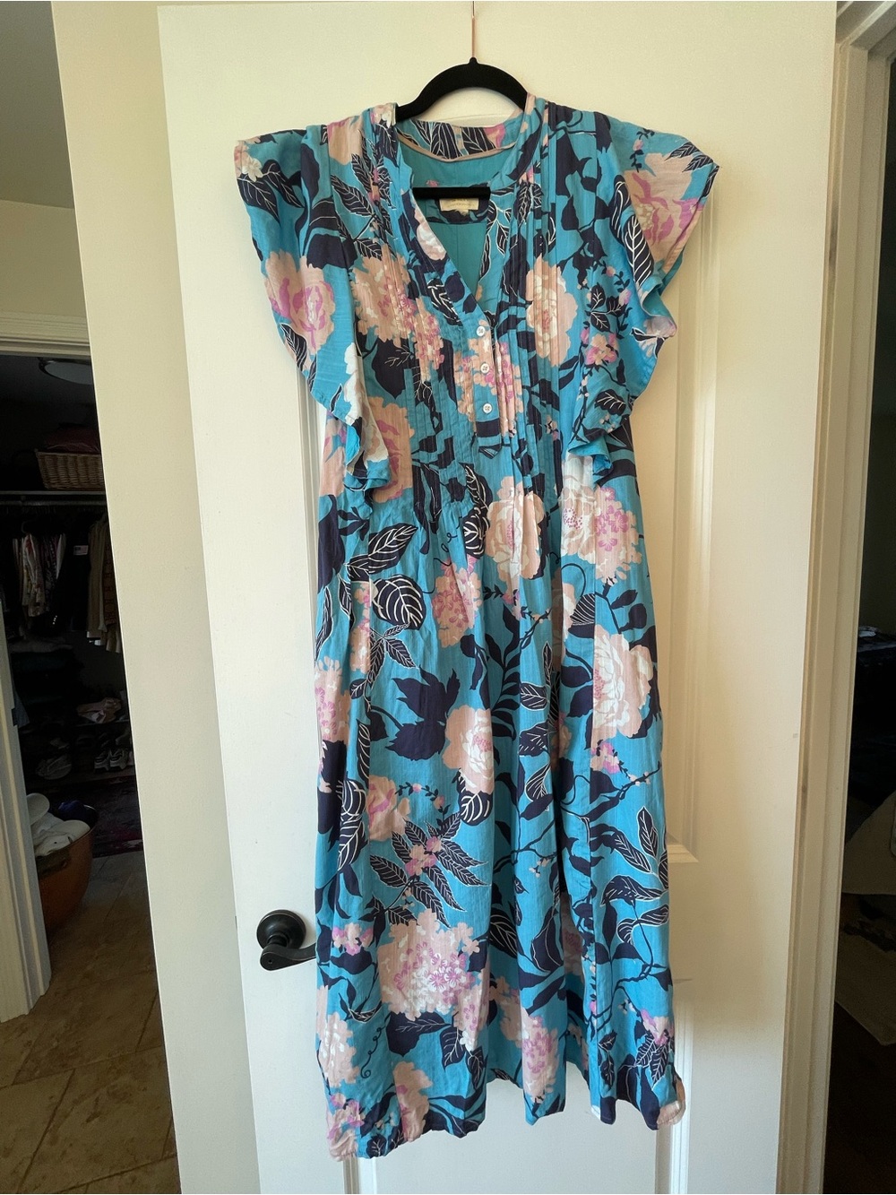 Maeve Turquoise Floral Maxi Dress with Pink Accents